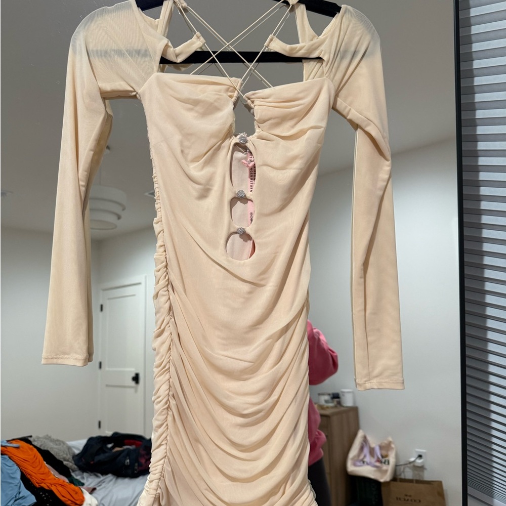 Oh Polly Cream Long Sleeve Ruched Dress